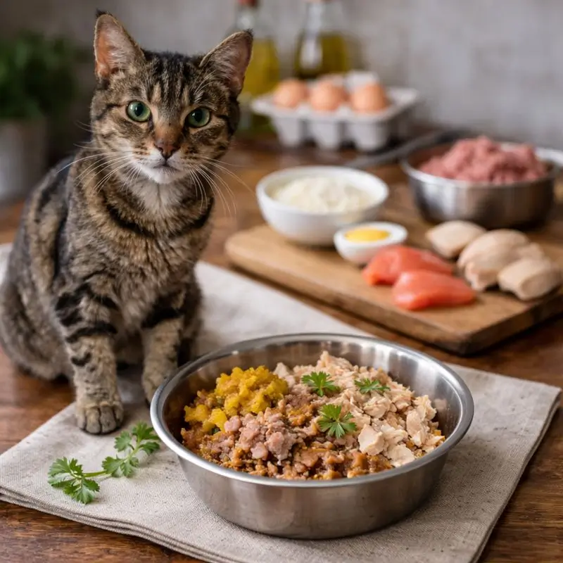 Homemade cat food recipes showing a slightly underweight cat eating a nutritious high-calorie meal at home
