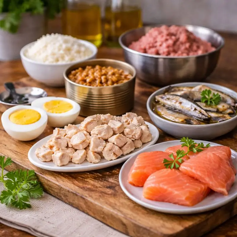 Homemade cat food recipes with chicken, eggs, and fish prepared to help underweight cats gain weight safely
