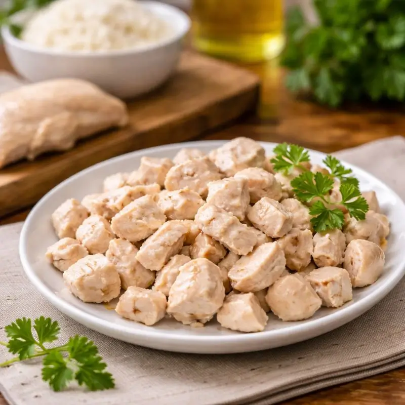 Homemade cat food recipes featuring plain cooked chicken served to a slightly underweight cat
