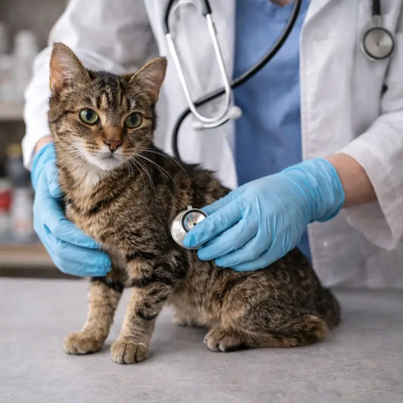 Homemade cat food recipes concept showing a cat during a veterinary check for safe weight gain nutrition
