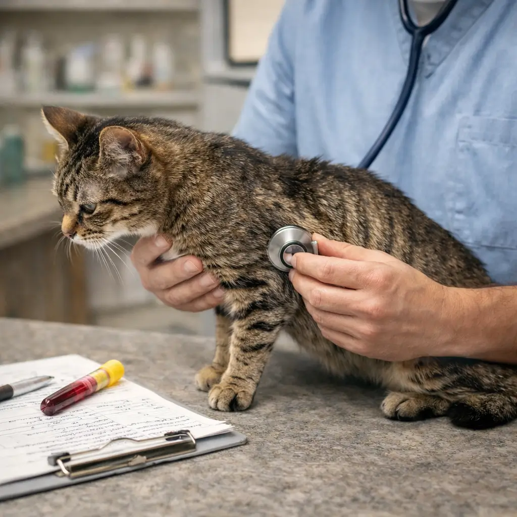 Veterinarian examining an underweight cat before starting a weight gain diet