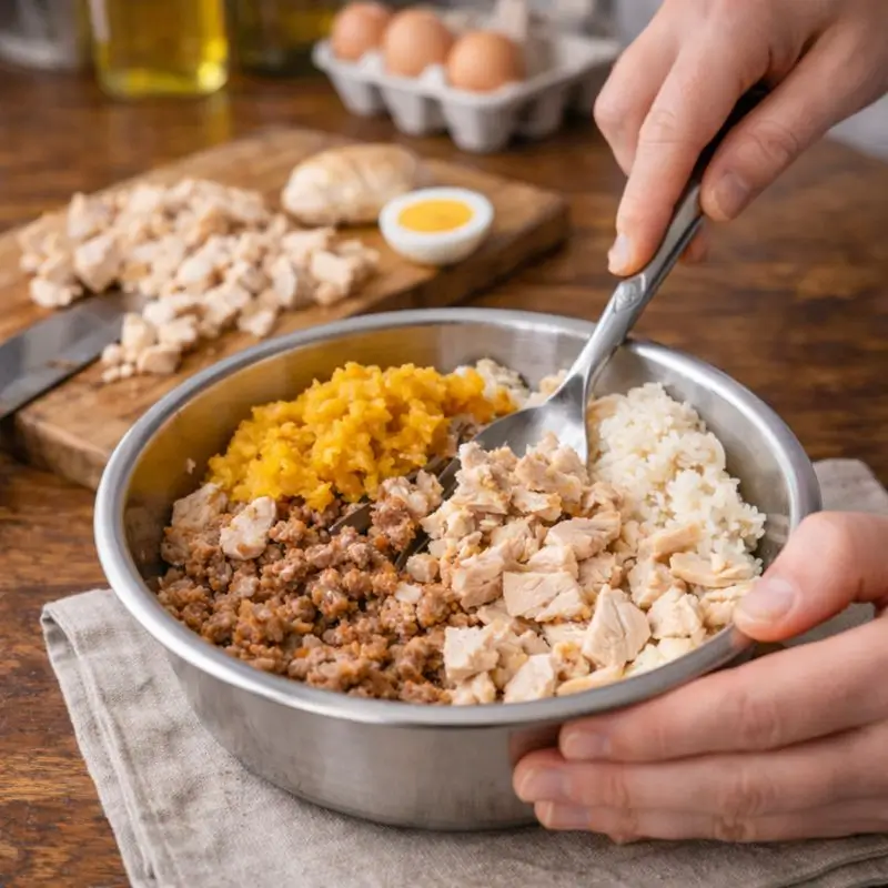 Homemade cat food recipes prepared step by step in a clean kitchen with fresh ingredients for cats
