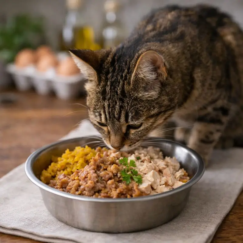 Homemade cat food recipes with a cat eating balanced homemade meals in a cozy home setting
