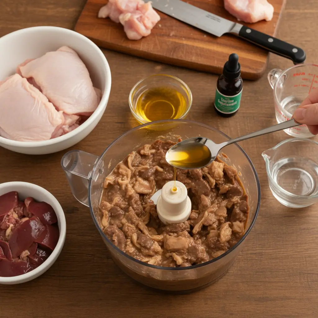 Homemade cat food recipes using chicken liver and thighs, blended nutritious cat meal prepared at home with fish oil and taurine