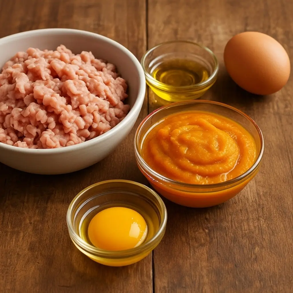 Homemade cat food recipes with ground turkey and pumpkin, digestive support meal prepared at home with egg yolk and olive oil