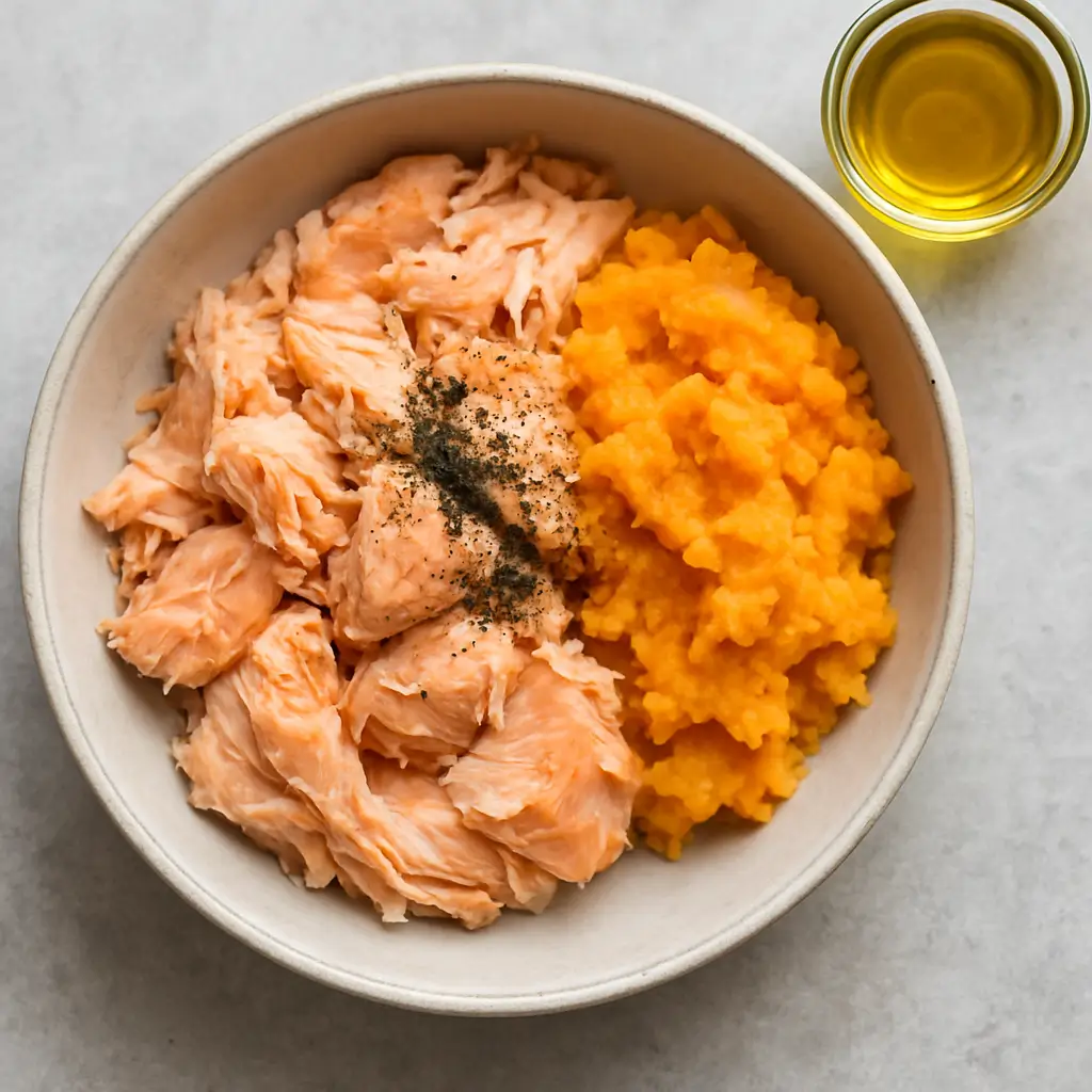 Homemade cat food recipes with salmon and sweet potato, omega-3 rich meal to support healthy cat coat