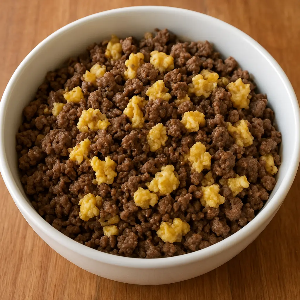 Homemade cat food recipes with beef and eggs, high protein meal for kittens and active cats prepared at home