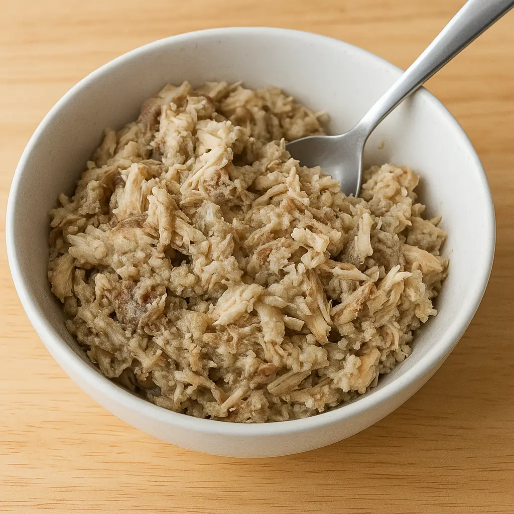 Homemade cat food recipes with sardines and chicken, a quick nutritious meal made with sardines, shredded chicken, and coconut oil.