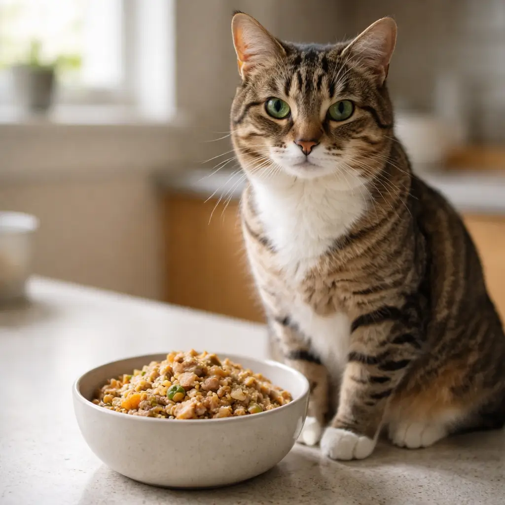 How to Make Cat Food Recipes at home with fresh ingredients, showing a cat beside a bowl of healthy homemade cat food
