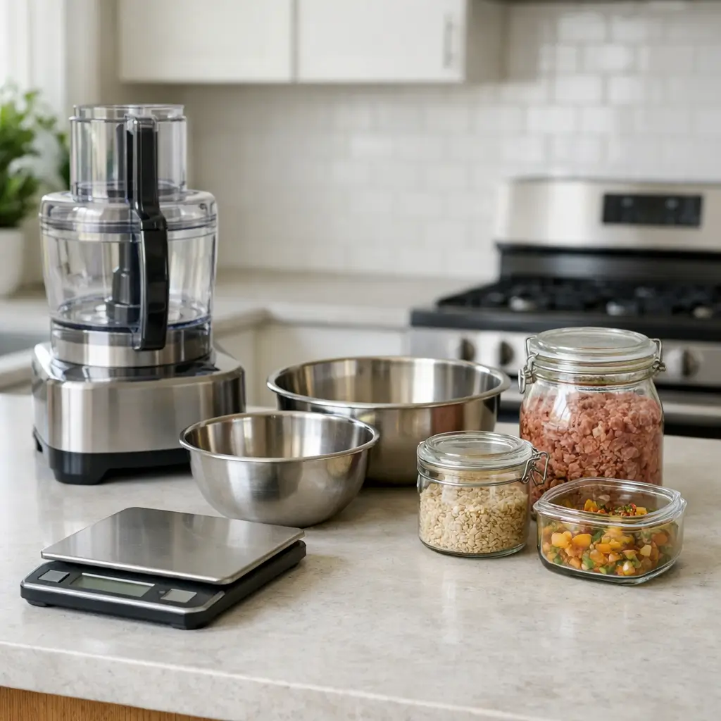 How to Make Cat Food Recipes at home using essential kitchen tools like a food processor and digital scale
