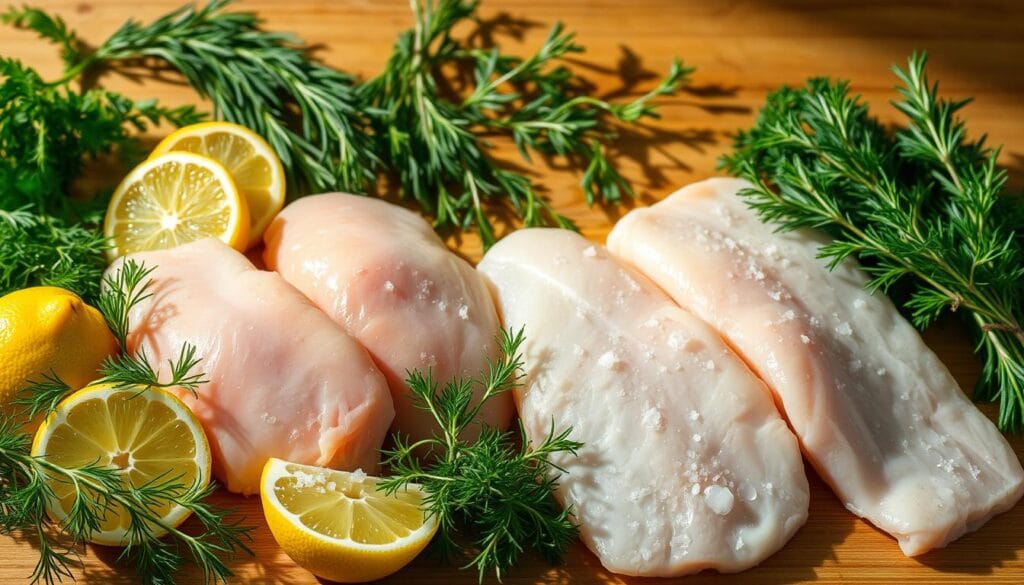A bountiful arrangement of fresh ingredients for a delectable fish and chicken recipe. In the foreground, succulent chicken breasts and flaky white fish fillets sit alongside vibrant lemon wedges, sprigs of dill, and a sprinkle of sea salt. In the middle ground, a mix of aromatic herbs, such as rosemary and thyme, create a herbal symphony. The background features a wooden cutting board, casting warm, natural shadows across the scene. The lighting is soft and diffused, highlighting the textures and colors of the ingredients, creating an inviting and appetizing atmosphere. A bountiful arrangement of fresh ingredients for a delectable fish and chicken recipe. In the foreground, succulent chicken breasts and flaky white fish fillets sit alongside vibrant lemon wedges, sprigs of dill, and a sprinkle of sea salt. In the middle ground, a mix of aromatic herbs, such as rosemary and thyme, create a herbal symphony. The background features a wooden cutting board, casting warm, natural shadows across the scene. The lighting is soft and diffused, highlighting the textures and colors of the ingredients, creating an inviting and appetizing atmosphere.
