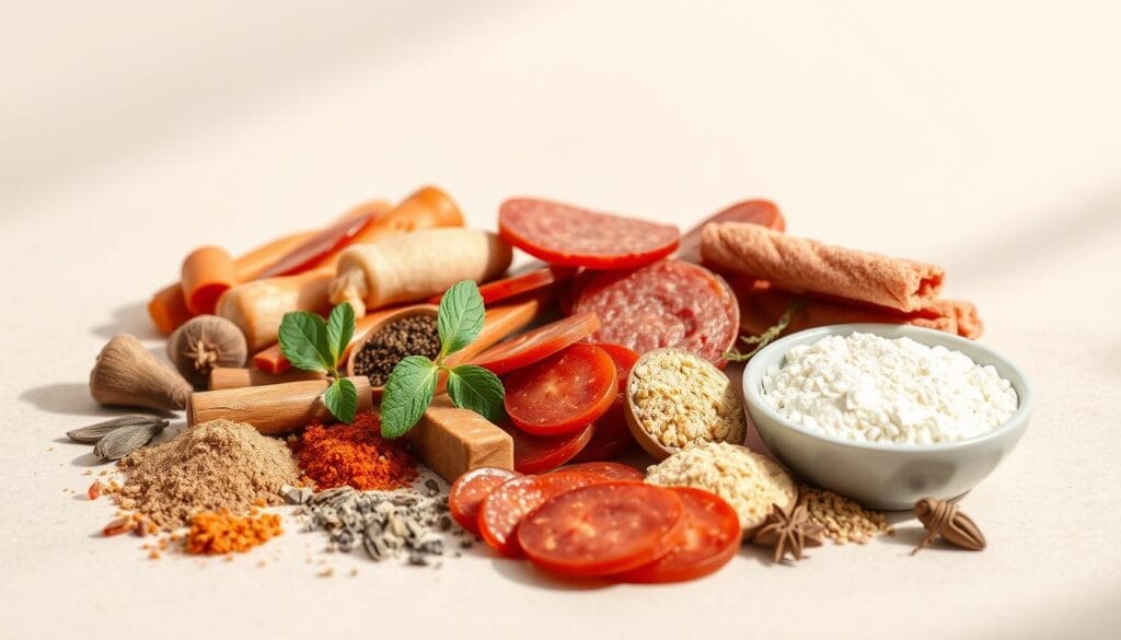 A close-up examination of pepperoni ingredients, displayed against a neutral, minimalist backdrop. The assortment of spices, meats, and seasonings are neatly arranged, showcasing their individual components with scientific precision. Soft, directional lighting from the side casts subtle shadows, emphasizing the textures and hues of the pepperoni constituents. The overall composition has a clean, informative aesthetic, suitable for illustrating the section on the nutritional makeup of this popular pizza topping. A close-up examination of pepperoni ingredients, displayed against a neutral, minimalist backdrop. The assortment of spices, meats, and seasonings are neatly arranged, showcasing their individual components with scientific precision. Soft, directional lighting from the side casts subtle shadows, emphasizing the textures and hues of the pepperoni constituents. The overall composition has a clean, informative aesthetic, suitable for illustrating the section on the nutritional makeup of this popular pizza topping.
