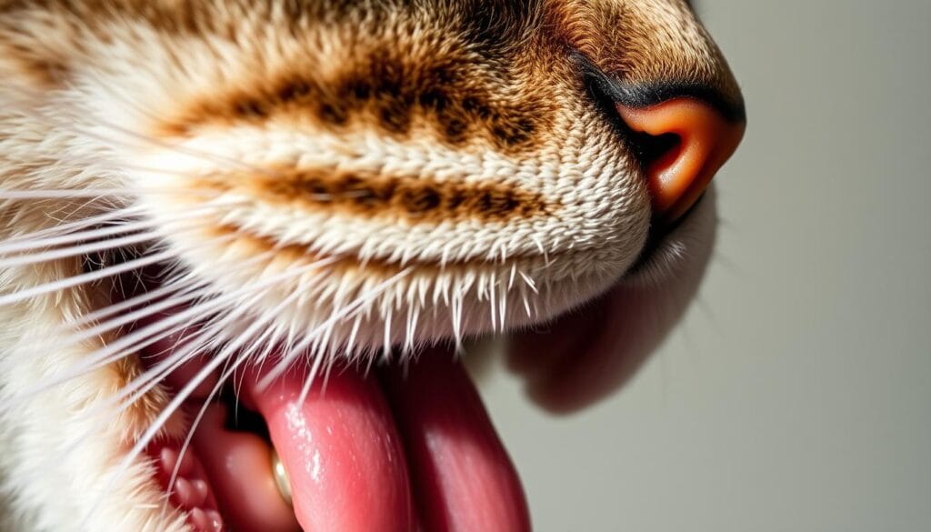 A close-up, macro view of a cat's tongue, revealing the intricate texture and patterns of its taste buds. The feline's rough, papillae-covered surface is captured in striking detail, showcasing the unique sensory adaptations that allow cats to perceive and savor their favorite flavors, like the sweetness of ripe mangoes. The image is lit from the side, casting dramatic shadows that accentuate the three-dimensional topography of the tongue. The depth of field is shallow, keeping the focal point sharp while blurring the background to a soft, neutral tone, drawing the viewer's attention solely to the captivating structure of the cat's taste receptors. A close-up, macro view of a cat's tongue, revealing the intricate texture and patterns of its taste buds. The feline's rough, papillae-covered surface is captured in striking detail, showcasing the unique sensory adaptations that allow cats to perceive and savor their favorite flavors, like the sweetness of ripe mangoes. The image is lit from the side, casting dramatic shadows that accentuate the three-dimensional topography of the tongue. The depth of field is shallow, keeping the focal point sharp while blurring the background to a soft, neutral tone, drawing the viewer's attention solely to the captivating structure of the cat's taste receptors.