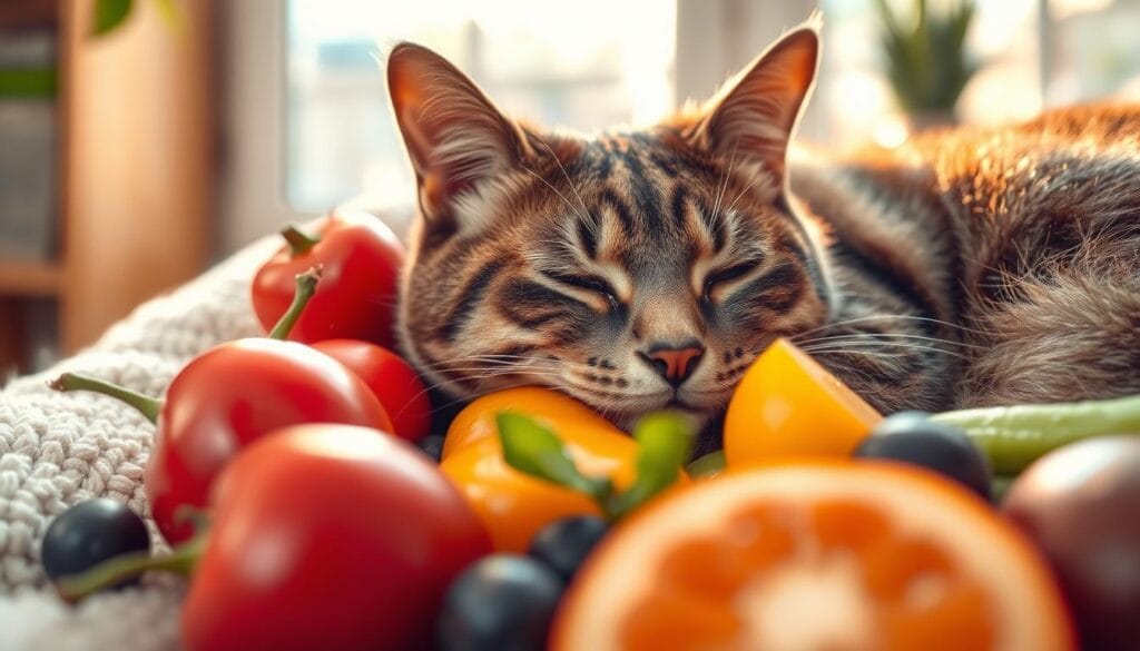 A close-up of a sleek, glossy-coated cat resting peacefully on a soft, plush surface, surrounded by an array of fresh, vibrant fruits and vegetables. The feline's expression is serene, reflecting the natural balance and vitality of a grain-free diet. Warm, natural lighting filters through a window, casting a gentle glow and creating a sense of warmth and well-being. The overall scene conveys the health benefits and nutritional advantages of a grain-free lifestyle for cats, promoting a holistic, nature-inspired approach to feline wellness. A close-up of a sleek, glossy-coated cat resting peacefully on a soft, plush surface, surrounded by an array of fresh, vibrant fruits and vegetables. The feline's expression is serene, reflecting the natural balance and vitality of a grain-free diet. Warm, natural lighting filters through a window, casting a gentle glow and creating a sense of warmth and well-being. The overall scene conveys the health benefits and nutritional advantages of a grain-free lifestyle for cats, promoting a holistic, nature-inspired approach to feline wellness.