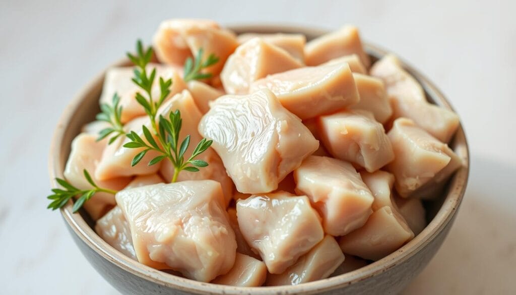 A close-up shot of a bowl filled with high-quality chicken pieces, showcasing their nutritional value for feline companions. The chicken is arranged in an appetizing, visually appealing manner, with natural lighting highlighting its vibrant colors and textures. The background is a simple, clean surface, allowing the main subject to take center stage. The overall composition conveys a sense of health, balance, and the suitability of chicken as a protein-rich, cat-friendly ingredient. The image should inspire confidence in the viewer about incorporating chicken into a cat's diet. A close-up shot of a bowl filled with high-quality chicken pieces, showcasing their nutritional value for feline companions. The chicken is arranged in an appetizing, visually appealing manner, with natural lighting highlighting its vibrant colors and textures. The background is a simple, clean surface, allowing the main subject to take center stage. The overall composition conveys a sense of health, balance, and the suitability of chicken as a protein-rich, cat-friendly ingredient. The image should inspire confidence in the viewer about incorporating chicken into a cat's diet.