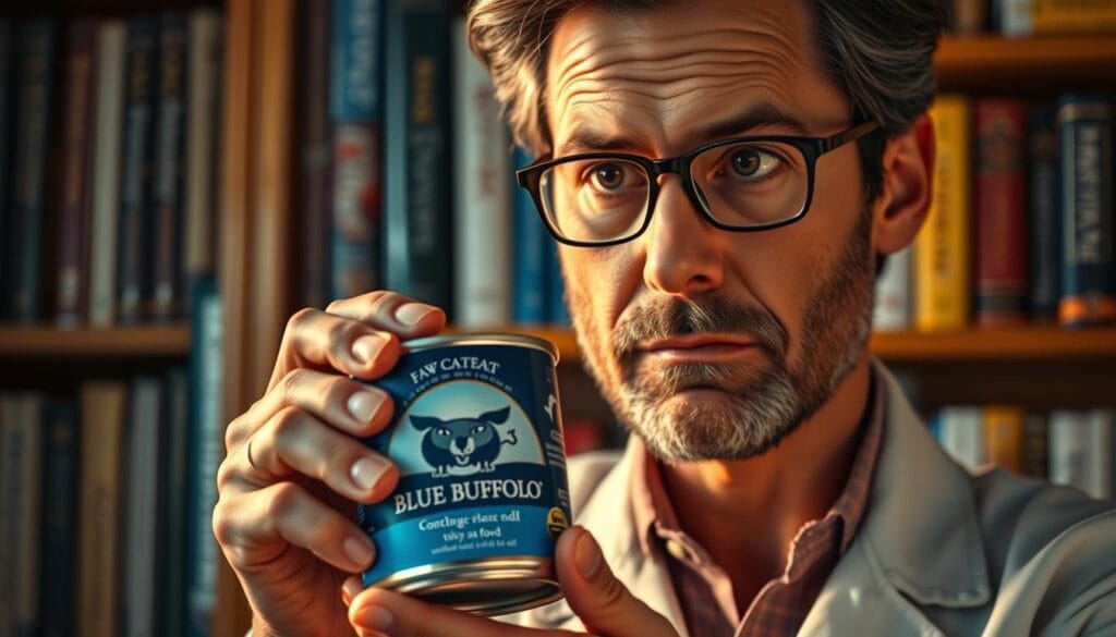 A close-up shot of a stylized expert holding a can of Blue Buffalo cat food, illuminated by warm, soft lighting. The expert's face is thoughtful and analytical as they examine the can, conveying a sense of authority and expertise. In the background, a bookshelf filled with other cat food brands and references creates a professional, research-driven environment. The overall mood is one of credibility and trustworthiness, inviting the viewer to consider the expert's evaluation of the Blue Buffalo product. A close-up shot of a stylized expert holding a can of Blue Buffalo cat food, illuminated by warm, soft lighting. The expert's face is thoughtful and analytical as they examine the can, conveying a sense of authority and expertise. In the background, a bookshelf filled with other cat food brands and references creates a professional, research-driven environment. The overall mood is one of credibility and trustworthiness, inviting the viewer to consider the expert's evaluation of the Blue Buffalo product.