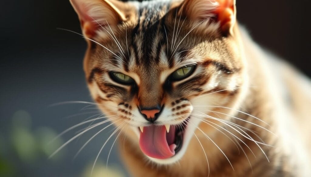 A closeup photograph of a housecat's head and upper torso, shot in natural lighting with a shallow depth of field. The feline's intense, predatory gaze is the focal point, with sharp fangs and a pink tongue visible as it licks its chops. The cat's fur is sleek and well-groomed, hinting at its obligate carnivorous nature. The background is slightly blurred, emphasizing the cat's fierce expression and predatory instincts. The image conveys the idea of a cat as a specialized meat-eater, adapted for hunting and consuming prey. A closeup photograph of a housecat's head and upper torso, shot in natural lighting with a shallow depth of field. The feline's intense, predatory gaze is the focal point, with sharp fangs and a pink tongue visible as it licks its chops. The cat's fur is sleek and well-groomed, hinting at its obligate carnivorous nature. The background is slightly blurred, emphasizing the cat's fierce expression and predatory instincts. The image conveys the idea of a cat as a specialized meat-eater, adapted for hunting and consuming prey.