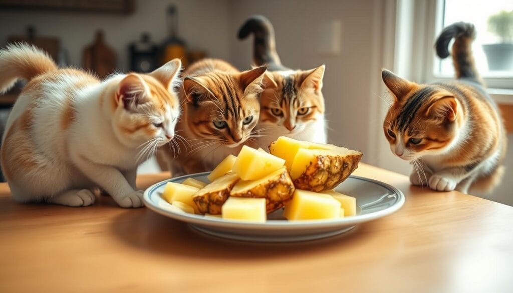 A cozy kitchen counter with a plate of freshly sliced pineapple, surrounded by a trio of curious, well-groomed house cats. The felines, with their attentive expressions and alert postures, cautiously sniff and investigate the vibrant yellow fruit, their furry tails swishing with gentle interest. Soft, natural lighting filters through the window, casting a warm, inviting glow on the scene. The composition is balanced, with the cats in the foreground, the pineapple slices in the middle ground, and a simple, minimalist background that emphasizes the harmonious interaction between the subjects. An atmosphere of safety, curiosity, and subtle amusement pervades the image, reflecting the article's exploration of the safety and potential benefits of cats consuming pineapple. A cozy kitchen counter with a plate of freshly sliced pineapple, surrounded by a trio of curious, well-groomed house cats. The felines, with their attentive expressions and alert postures, cautiously sniff and investigate the vibrant yellow fruit, their furry tails swishing with gentle interest. Soft, natural lighting filters through the window, casting a warm, inviting glow on the scene. The composition is balanced, with the cats in the foreground, the pineapple slices in the middle ground, and a simple, minimalist background that emphasizes the harmonious interaction between the subjects. An atmosphere of safety, curiosity, and subtle amusement pervades the image, reflecting the article's exploration of the safety and potential benefits of cats consuming pineapple.