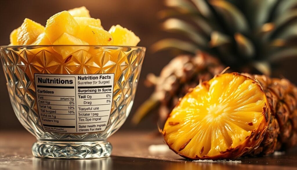 A crystalline sugar bowl overflows with golden pineapple cubes, casting a warm, sepia-toned glow. In the foreground, a nutritional label highlights the surprisingly high sugar content, warning of potential health risks. The middle ground features a pineapple slice, its vibrant yellow-green hues contrasting with the somber brown tones. In the background, blurred pineapple leaves sway gently, creating a sense of tropical, yet cautionary, atmosphere. Soft, directional lighting accentuates the textural details, while a shallow depth of field draws the viewer's attention to the central elements. The overall composition conveys the message of enjoying pineapple in moderation, with an emphasis on its elevated sugar levels. A crystalline sugar bowl overflows with golden pineapple cubes, casting a warm, sepia-toned glow. In the foreground, a nutritional label highlights the surprisingly high sugar content, warning of potential health risks. The middle ground features a pineapple slice, its vibrant yellow-green hues contrasting with the somber brown tones. In the background, blurred pineapple leaves sway gently, creating a sense of tropical, yet cautionary, atmosphere. Soft, directional lighting accentuates the textural details, while a shallow depth of field draws the viewer's attention to the central elements. The overall composition conveys the message of enjoying pineapple in moderation, with an emphasis on its elevated sugar levels.