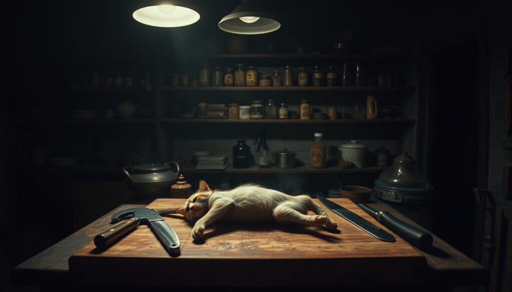 A dimly lit kitchen interior, with a wooden cutting board at the center. On the board, a feline carcass lies partially dismembered, various cooking implements such as knives and cleavers placed nearby. The background features shelves stocked with jars, spices, and other culinary accoutrements, casting an eerie, historical atmosphere. Shadows creep along the walls, a single overhead light fixture casting a somber glow over the macabre scene. The mood is one of clinical detachment, a sense of the historical practices of "cooked cat" preparation methods being documented and preserved. A dimly lit kitchen interior, with a wooden cutting board at the center. On the board, a feline carcass lies partially dismembered, various cooking implements such as knives and cleavers placed nearby. The background features shelves stocked with jars, spices, and other culinary accoutrements, casting an eerie, historical atmosphere. Shadows creep along the walls, a single overhead light fixture casting a somber glow over the macabre scene. The mood is one of clinical detachment, a sense of the historical practices of "cooked cat" preparation methods being documented and preserved.