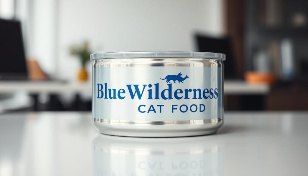A high-quality photograph of a sleek, metallic silver can labeled "Blue Wilderness Cat Food" resting on a pristine white surface, casting a subtle shadow. The can's surface reflects the surrounding environment, creating a sense of depth and realism. The lighting is soft and diffused, highlighting the can's sharp edges and clean design. In the background, a blurred, out-of-focus office environment suggests a professional setting, adding to the image's credibility and context. The overall tone is one of quality, reliability, and attention to detail, conveying the safety and record of the Blue Wilderness cat food brand. A high-quality photograph of a sleek, metallic silver can labeled "Blue Wilderness Cat Food" resting on a pristine white surface, casting a subtle shadow. The can's surface reflects the surrounding environment, creating a sense of depth and realism. The lighting is soft and diffused, highlighting the can's sharp edges and clean design. In the background, a blurred, out-of-focus office environment suggests a professional setting, adding to the image's credibility and context. The overall tone is one of quality, reliability, and attention to detail, conveying the safety and record of the Blue Wilderness cat food brand.