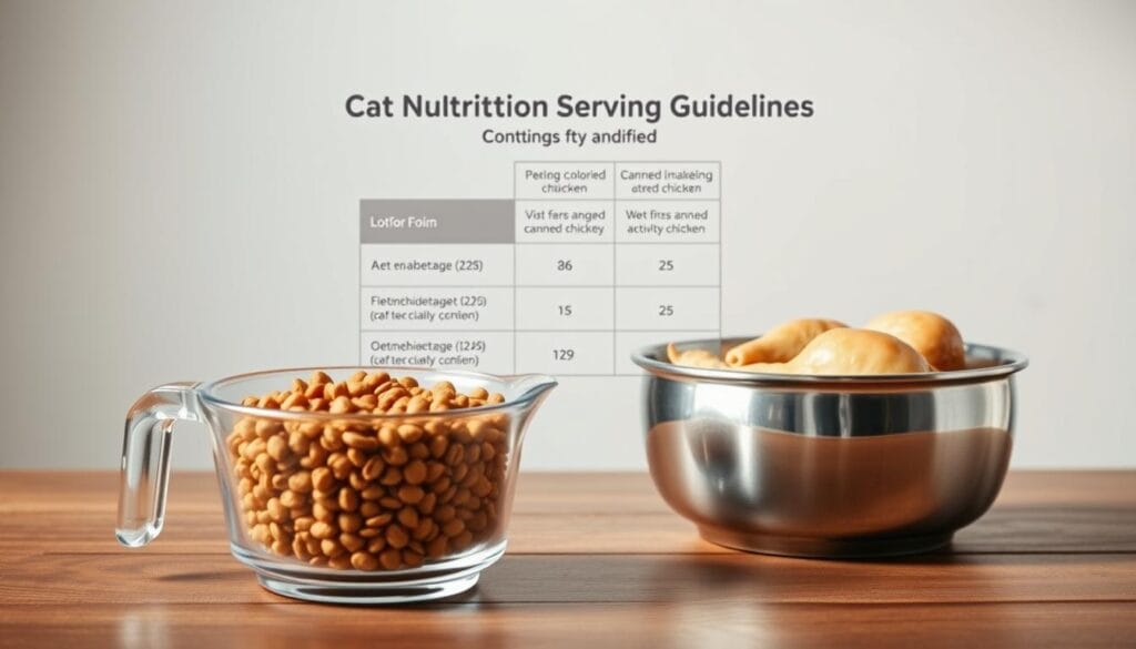 A high-quality, photorealistic image of "Cat Nutrition Serving Guidelines" displayed on a wooden table, with natural lighting and a soft, warm atmosphere. In the foreground, a measuring cup filled with dry cat food sits next to a stainless steel bowl of wet canned chicken. In the middle ground, a detailed infographic outlines the recommended daily caloric intake, portion sizes, and feeding frequencies for cats of different ages and activity levels. The background features a neutral, uncluttered setting, allowing the key information to be the focal point. A high-quality, photorealistic image of "Cat Nutrition Serving Guidelines" displayed on a wooden table, with natural lighting and a soft, warm atmosphere. In the foreground, a measuring cup filled with dry cat food sits next to a stainless steel bowl of wet canned chicken. In the middle ground, a detailed infographic outlines the recommended daily caloric intake, portion sizes, and feeding frequencies for cats of different ages and activity levels. The background features a neutral, uncluttered setting, allowing the key information to be the focal point.