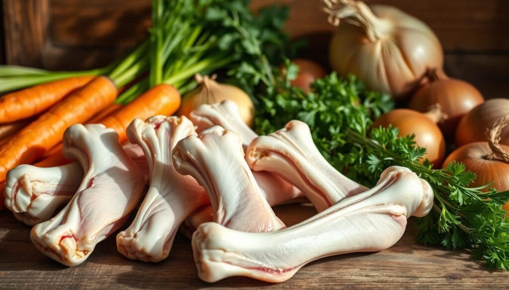 A neatly arranged assortment of chicken bones, carrots, onions, celery, and herbs in a rustic setting. The bones are positioned prominently in the foreground, casting intriguing shadows and textures. The vegetables are carefully placed around them, creating a visually appealing still life composition. Warm, natural lighting illuminates the scene, casting a soft, inviting glow. The overall mood is one of simplicity, highlighting the essential ingredients for a nourishing chicken broth. The image conveys a sense of homemade comfort and the care required to prepare a wholesome, nutrient-rich meal for a beloved pet. A neatly arranged assortment of chicken bones, carrots, onions, celery, and herbs in a rustic setting. The bones are positioned prominently in the foreground, casting intriguing shadows and textures. The vegetables are carefully placed around them, creating a visually appealing still life composition. Warm, natural lighting illuminates the scene, casting a soft, inviting glow. The overall mood is one of simplicity, highlighting the essential ingredients for a nourishing chicken broth. The image conveys a sense of homemade comfort and the care required to prepare a wholesome, nutrient-rich meal for a beloved pet.