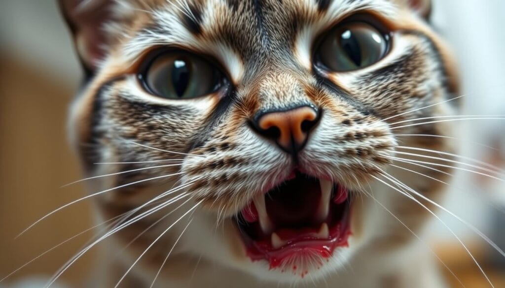 A realistic close-up of a cat's face, showing clear signs of grape poisoning. The cat's eyes are wide and dilated, its pupils constricted. The fur around the mouth appears matted and damp, with a slight reddish tinge. The expression conveys distress and discomfort. The background is blurred, keeping the focus on the cat's head and upper body. Soft, diffused lighting illuminates the scene, creating a sense of clinical examination. The overall mood is one of concern and urgency, highlighting the need to recognize these symptoms and seek immediate veterinary care. A realistic close-up of a cat's face, showing clear signs of grape poisoning. The cat's eyes are wide and dilated, its pupils constricted. The fur around the mouth appears matted and damp, with a slight reddish tinge. The expression conveys distress and discomfort. The background is blurred, keeping the focus on the cat's head and upper body. Soft, diffused lighting illuminates the scene, creating a sense of clinical examination. The overall mood is one of concern and urgency, highlighting the need to recognize these symptoms and seek immediate veterinary care.