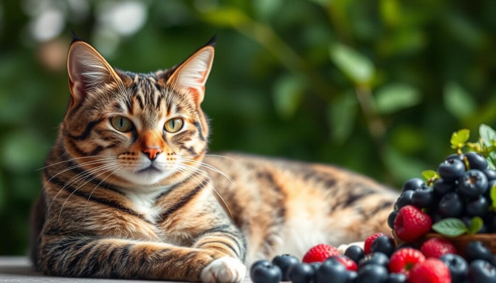 A serene, well-lit feline portrait showcasing the health benefits of cats. In the foreground, a majestic tabby cat lounges gracefully, its coat shimmering with a healthy sheen. The middle ground features an array of vibrant, nutrient-rich berries - blueberries, perhaps - representing the feline's dietary needs. The background depicts a lush, verdant setting, creating a calming, natural atmosphere. Diffused lighting gently illuminates the scene, highlighting the cat's alert expression and the nourishing produce. The composition conveys a sense of balance, wellness, and the harmonious relationship between cats and their ideal, restorative sustenance. A serene, well-lit feline portrait showcasing the health benefits of cats. In the foreground, a majestic tabby cat lounges gracefully, its coat shimmering with a healthy sheen. The middle ground features an array of vibrant, nutrient-rich berries - blueberries, perhaps - representing the feline's dietary needs. The background depicts a lush, verdant setting, creating a calming, natural atmosphere. Diffused lighting gently illuminates the scene, highlighting the cat's alert expression and the nourishing produce. The composition conveys a sense of balance, wellness, and the harmonious relationship between cats and their ideal, restorative sustenance.