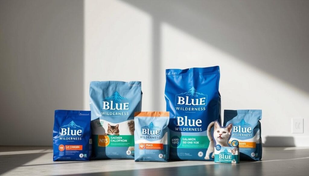A sleek and modern close-up shot of various Blue Wilderness dry cat food bags against a clean, minimalist background. The bags are arranged in a visually appealing layout, showcasing the different flavor varieties such as chicken, salmon, and duck. Soft natural lighting illuminates the vibrant blue and white packaging, highlighting the brand's premium quality and appeal. The scene conveys a sense of high-end pet nutrition and healthy feline lifestyles. The composition emphasizes the products while maintaining a sophisticated, editorial-style aesthetic suitable for an informative article on Blue cat food. A sleek and modern close-up shot of various Blue Wilderness dry cat food bags against a clean, minimalist background. The bags are arranged in a visually appealing layout, showcasing the different flavor varieties such as chicken, salmon, and duck. Soft natural lighting illuminates the vibrant blue and white packaging, highlighting the brand's premium quality and appeal. The scene conveys a sense of high-end pet nutrition and healthy feline lifestyles. The composition emphasizes the products while maintaining a sophisticated, editorial-style aesthetic suitable for an informative article on Blue cat food.