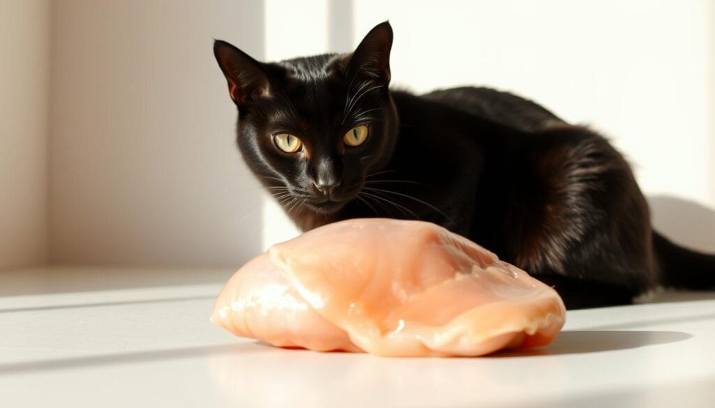 A sleek black cat sits attentively, its gaze fixed on a raw chicken breast placed in the foreground. The scene is bathed in warm, natural lighting, casting soft shadows and highlights that accentuate the textures of the chicken and the feline's fur. The background is a minimalist, clean white space, allowing the subjects to take center stage. The cat's posture is poised, its muscles slightly tensed, as if contemplating whether to pounce on the tempting morsel before it. The overall mood is one of curiosity and anticipation, inviting the viewer to consider the potential interaction between the cat and the raw chicken. A sleek black cat sits attentively, its gaze fixed on a raw chicken breast placed in the foreground. The scene is bathed in warm, natural lighting, casting soft shadows and highlights that accentuate the textures of the chicken and the feline's fur. The background is a minimalist, clean white space, allowing the subjects to take center stage. The cat's posture is poised, its muscles slightly tensed, as if contemplating whether to pounce on the tempting morsel before it. The overall mood is one of curiosity and anticipation, inviting the viewer to consider the potential interaction between the cat and the raw chicken.