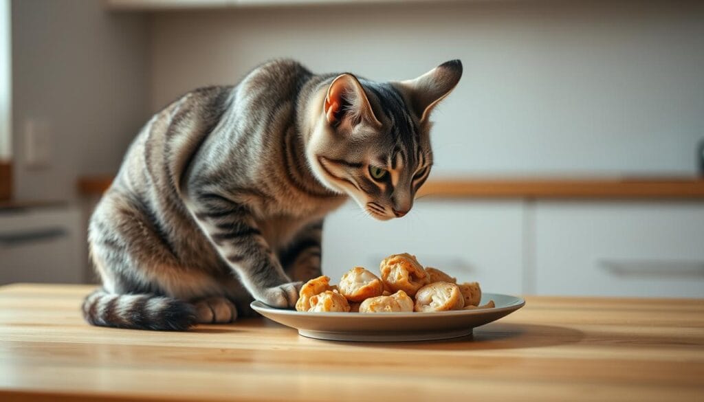 A sleek, gray tabby cat sits calmly on a wooden table, intently focused on a plate of freshly cooked chicken. The lighting is soft and natural, casting a warm glow on the scene. The cat's movements are graceful and deliberate as it leans in to take a delicate bite, its paws positioned carefully to avoid any mess. The background is a simple, minimalist kitchen, with clean lines and muted tones that allow the cat and its meal to take center stage. The overall atmosphere is one of serenity and contentment, conveying the sense that this is a safe and natural interaction between the feline and its nutritious food. A sleek, gray tabby cat sits calmly on a wooden table, intently focused on a plate of freshly cooked chicken. The lighting is soft and natural, casting a warm glow on the scene. The cat's movements are graceful and deliberate as it leans in to take a delicate bite, its paws positioned carefully to avoid any mess. The background is a simple, minimalist kitchen, with clean lines and muted tones that allow the cat and its meal to take center stage. The overall atmosphere is one of serenity and contentment, conveying the sense that this is a safe and natural interaction between the feline and its nutritious food.
