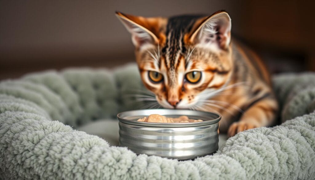 A sleek, stainless steel can of premium chicken rests on a plush, sage-colored cat bed. Soft, diffused lighting illuminates the can's shiny surface, casting gentle shadows that hint at the meal within. In the foreground, a curious feline peers intently, its amber eyes reflecting the can's alluring contents. The background blurs softly, drawing the viewer's focus to the interaction between the cat and the canned chicken, conveying a sense of safety and curiosity. The overall scene evokes a harmonious, well-considered balance, inviting the viewer to consider the potential benefits and risks of incorporating canned chicken into a cat's diet. A sleek, stainless steel can of premium chicken rests on a plush, sage-colored cat bed. Soft, diffused lighting illuminates the can's shiny surface, casting gentle shadows that hint at the meal within. In the foreground, a curious feline peers intently, its amber eyes reflecting the can's alluring contents. The background blurs softly, drawing the viewer's focus to the interaction between the cat and the canned chicken, conveying a sense of safety and curiosity. The overall scene evokes a harmonious, well-considered balance, inviting the viewer to consider the potential benefits and risks of incorporating canned chicken into a cat's diet.