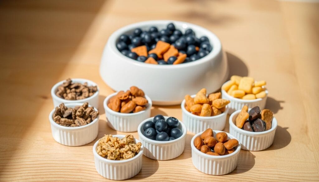 A still life arrangement showcasing various portions of cat treats on a wooden surface. In the foreground, an assortment of kibble, crunchy bites, and soft chews are neatly arranged in small ramekins, with a soft focus on the textures and colors. The middle ground features a medium-sized cat bowl filled with blueberries, creating a complementary palette. Soft, natural lighting from the side gently illuminates the scene, casting subtle shadows and highlights. The background is a simple, uncluttered wooden tabletop, allowing the cat treats and blueberries to be the focal point. The overall mood is calming and informative, inviting the viewer to consider appropriate serving sizes for a cat's dietary needs. A still life arrangement showcasing various portions of cat treats on a wooden surface. In the foreground, an assortment of kibble, crunchy bites, and soft chews are neatly arranged in small ramekins, with a soft focus on the textures and colors. The middle ground features a medium-sized cat bowl filled with blueberries, creating a complementary palette. Soft, natural lighting from the side gently illuminates the scene, casting subtle shadows and highlights. The background is a simple, uncluttered wooden tabletop, allowing the cat treats and blueberries to be the focal point. The overall mood is calming and informative, inviting the viewer to consider appropriate serving sizes for a cat's dietary needs.