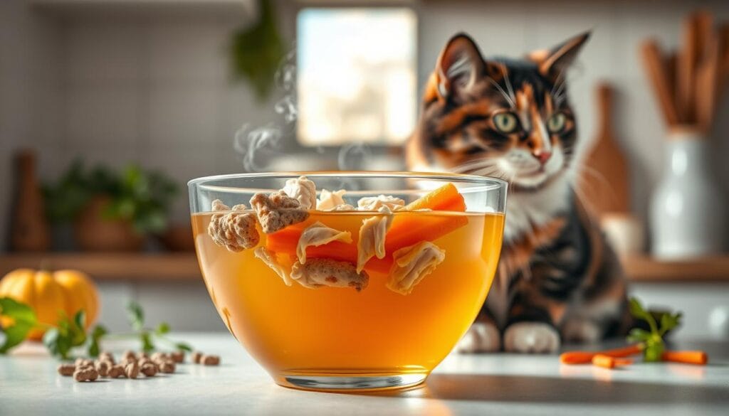 A visually appealing and informative illustration of chicken broth nutrients beneficial for cats. In the foreground, a transparent glass bowl filled with rich golden-hued chicken broth, steam gently rising. Floating within, whole-grain kibble, shredded chicken, and sliced carrots, symbolizing the key nutritional components. The middle ground features a calico cat sitting attentively, eyes fixed on the nourishing broth, conveying the feline's interest. The background depicts a softly-lit kitchen counter, with fresh herbs and spices in the corners, establishing a soothing, homely atmosphere. Crisp, high-resolution detail, balanced lighting, and a harmonious color palette create an appetizing, informative visual for the article's key section. A visually appealing and informative illustration of chicken broth nutrients beneficial for cats. In the foreground, a transparent glass bowl filled with rich golden-hued chicken broth, steam gently rising. Floating within, whole-grain kibble, shredded chicken, and sliced carrots, symbolizing the key nutritional components. The middle ground features a calico cat sitting attentively, eyes fixed on the nourishing broth, conveying the feline's interest. The background depicts a softly-lit kitchen counter, with fresh herbs and spices in the corners, establishing a soothing, homely atmosphere. Crisp, high-resolution detail, balanced lighting, and a harmonious color palette create an appetizing, informative visual for the article's key section.