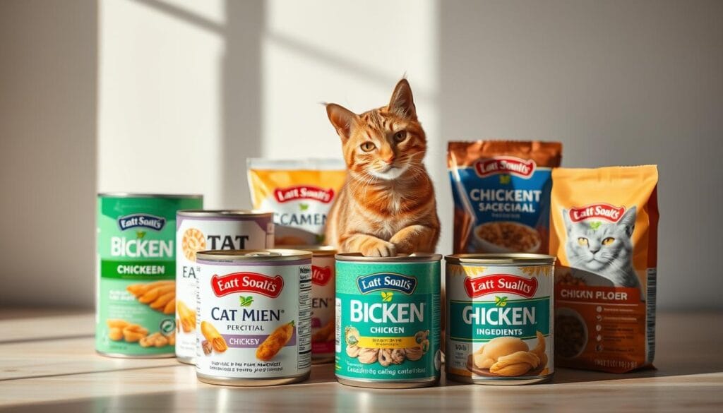 A visually striking display of popular cat food brands featuring chicken as a prominent ingredient. Arrange the cans and packages in a stylish still life, bathed in warm, natural lighting that accentuates the vibrant colors and textures. Carefully position the products to create a harmonious, eye-catching composition, with a subtle sense of depth and perspective. Emphasize the high-quality ingredients and premium branding to convey the appeal of these nutritious, chicken-based cat food options. Capture the scene with a clean, uncluttered aesthetic, allowing the products to take center stage and showcase their appeal to health-conscious cat owners. A visually striking display of popular cat food brands featuring chicken as a prominent ingredient. Arrange the cans and packages in a stylish still life, bathed in warm, natural lighting that accentuates the vibrant colors and textures. Carefully position the products to create a harmonious, eye-catching composition, with a subtle sense of depth and perspective. Emphasize the high-quality ingredients and premium branding to convey the appeal of these nutritious, chicken-based cat food options. Capture the scene with a clean, uncluttered aesthetic, allowing the products to take center stage and showcase their appeal to health-conscious cat owners.