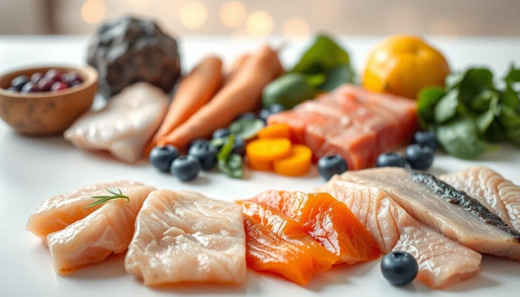 A well-lit, close-up, high-resolution photograph of several high-quality, natural cat food ingredients artfully arranged on a clean, white surface. In the foreground, fresh, whole cuts of chicken, salmon, and tuna are displayed. In the middle ground, assorted superfoods like sweet potatoes, blueberries, and spinach leaves are neatly scattered. The background features a soft, blurred bokeh effect, highlighting the vibrant colors and textures of the premium, human-grade ingredients. The lighting is warm and natural, evoking a sense of quality, wholesomeness, and nutritional value. A well-lit, close-up, high-resolution photograph of several high-quality, natural cat food ingredients artfully arranged on a clean, white surface. In the foreground, fresh, whole cuts of chicken, salmon, and tuna are displayed. In the middle ground, assorted superfoods like sweet potatoes, blueberries, and spinach leaves are neatly scattered. The background features a soft, blurred bokeh effect, highlighting the vibrant colors and textures of the premium, human-grade ingredients. The lighting is warm and natural, evoking a sense of quality, wholesomeness, and nutritional value.