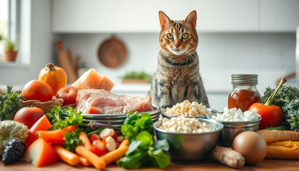 A well-lit, high-resolution image showcasing the essential elements of feline nutrition. In the foreground, an array of healthy cat food ingredients such as lean protein sources, fresh vegetables, and nutritious supplements. In the middle ground, a sleek tabby cat sits attentively, its eyes reflecting the nourishing bounty. The background features a clean, minimalist kitchen setting, with soft natural lighting illuminating the scene. The overall composition conveys a sense of balance, health, and the importance of providing a wholesome, tailored diet for our feline companions. A well-lit, high-resolution image showcasing the essential elements of feline nutrition. In the foreground, an array of healthy cat food ingredients such as lean protein sources, fresh vegetables, and nutritious supplements. In the middle ground, a sleek tabby cat sits attentively, its eyes reflecting the nourishing bounty. The background features a clean, minimalist kitchen setting, with soft natural lighting illuminating the scene. The overall composition conveys a sense of balance, health, and the importance of providing a wholesome, tailored diet for our feline companions.