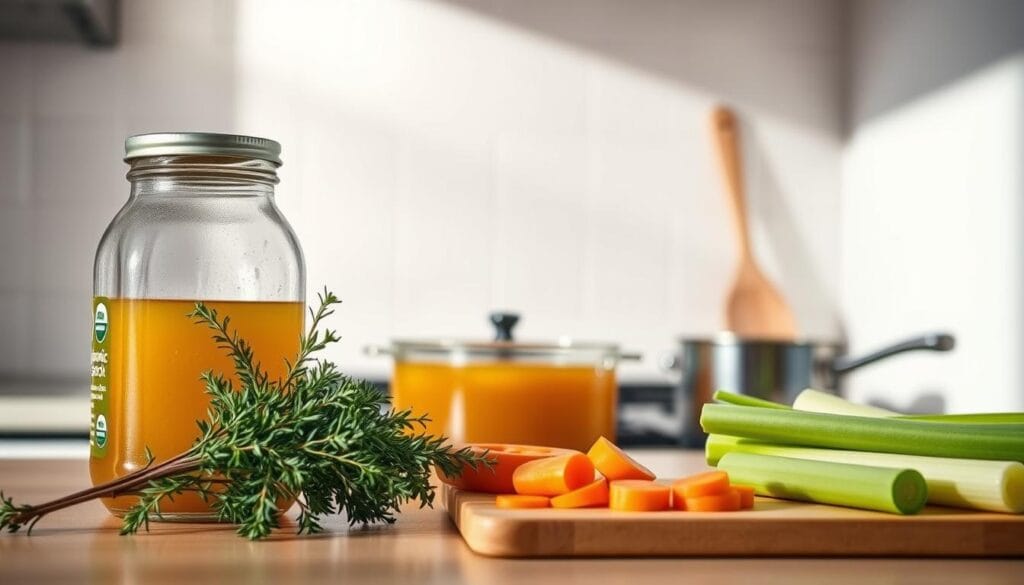 A well-lit kitchen counter showcases a selection of cat-safe chicken broth ingredients. In the foreground, a glass jar of organic chicken stock, a bundle of fresh thyme, and a cutting board with sliced carrots and celery. In the middle ground, a saucepan and a wooden spoon hint at the preparation process. The background features a clean, minimalist tiled wall, providing a crisp, clean backdrop to highlight the natural, wholesome components. The lighting is soft and diffused, creating a warm, inviting atmosphere suitable for an informative article on the safe use of chicken broth for feline companions. A well-lit kitchen counter showcases a selection of cat-safe chicken broth ingredients. In the foreground, a glass jar of organic chicken stock, a bundle of fresh thyme, and a cutting board with sliced carrots and celery. In the middle ground, a saucepan and a wooden spoon hint at the preparation process. The background features a clean, minimalist tiled wall, providing a crisp, clean backdrop to highlight the natural, wholesome components. The lighting is soft and diffused, creating a warm, inviting atmosphere suitable for an informative article on the safe use of chicken broth for feline companions.