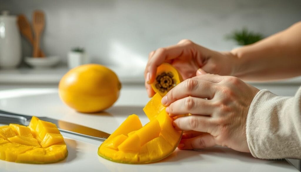 A well-lit kitchen counter, with a ripe mango and a sharp knife carefully positioned. In the foreground, gentle hands carefully peeling the mango, revealing the juicy yellow flesh. In the middle ground, the mango pit is being removed, ensuring no hazardous seeds remain. The background showcases a clean, organized workspace, conveying a sense of safety and care. Soft natural lighting illuminates the scene, highlighting the vibrant colors and textures of the mango. The overall mood is one of thoughtful preparation, emphasizing the importance of providing a safe, healthy treat for a feline companion. A well-lit kitchen counter, with a ripe mango and a sharp knife carefully positioned. In the foreground, gentle hands carefully peeling the mango, revealing the juicy yellow flesh. In the middle ground, the mango pit is being removed, ensuring no hazardous seeds remain. The background showcases a clean, organized workspace, conveying a sense of safety and care. Soft natural lighting illuminates the scene, highlighting the vibrant colors and textures of the mango. The overall mood is one of thoughtful preparation, emphasizing the importance of providing a safe, healthy treat for a feline companion.