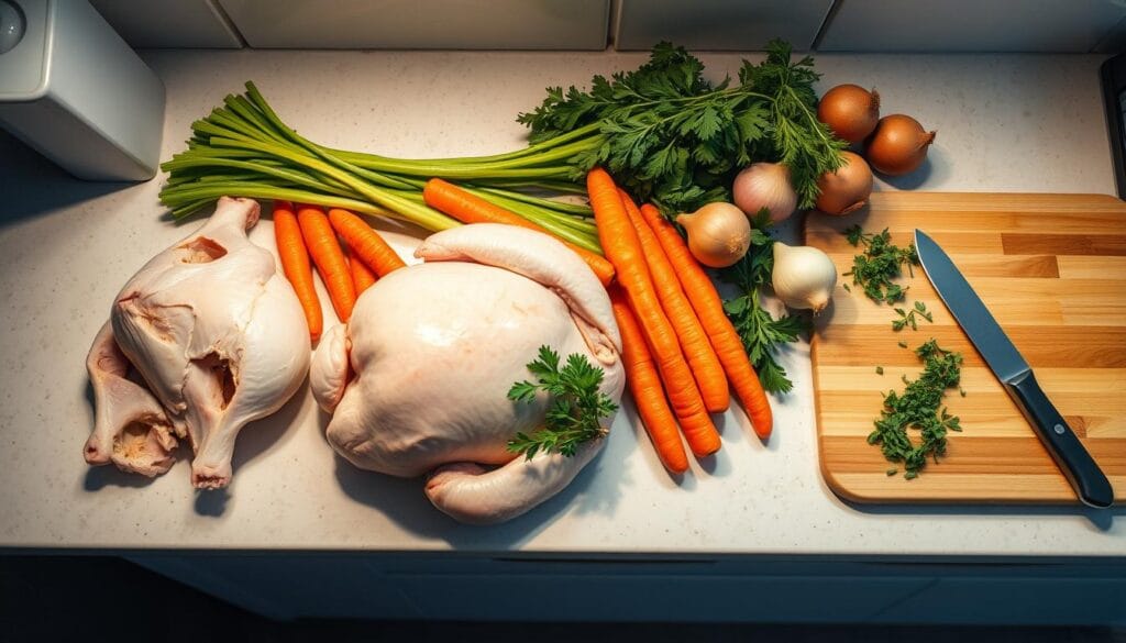 A well-lit kitchen counter with an array of fresh ingredients neatly arranged - juicy chicken bones, aromatic vegetables like carrots, celery, and onions, a bundle of fresh herbs, and a cutting board ready for chopping. Soft, diffused lighting from overhead casts a warm glow, highlighting the textures and colors of the items. The scene conveys a sense of order and careful preparation, setting the stage for the creation of a nourishing, homemade broth. The camera angle is slightly elevated, providing a birds-eye view that emphasizes the thoughtful organization of the mise en place. A well-lit kitchen counter with an array of fresh ingredients neatly arranged - juicy chicken bones, aromatic vegetables like carrots, celery, and onions, a bundle of fresh herbs, and a cutting board ready for chopping. Soft, diffused lighting from overhead casts a warm glow, highlighting the textures and colors of the items. The scene conveys a sense of order and careful preparation, setting the stage for the creation of a nourishing, homemade broth. The camera angle is slightly elevated, providing a birds-eye view that emphasizes the thoughtful organization of the mise en place.