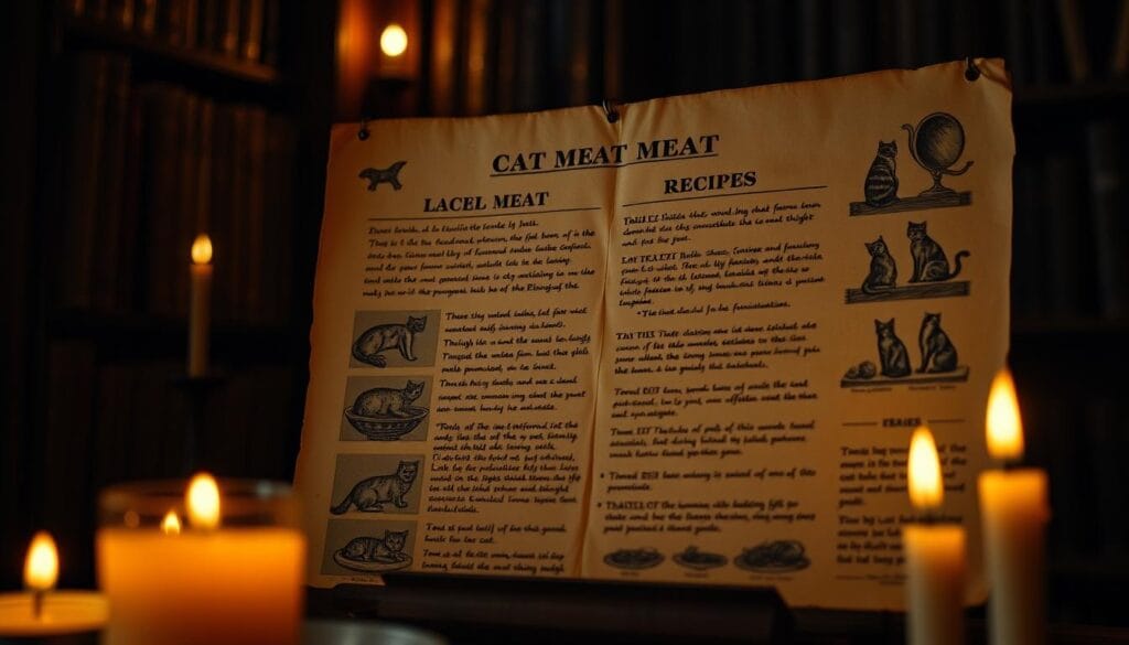 Antique parchment page revealing historical cat meat recipes, displayed in a dimly lit library setting. Handwritten text and illustrations depict various preparation methods, accompanied by aged sepia-toned images of cats and cooking utensils. Flickering candlelight casts warm shadows, creating an atmospheric, vintage aesthetic. Subtle vignetting and a slightly weathered texture evoke the feeling of an ancient, forgotten culinary document unearthed from the past. Antique parchment page revealing historical cat meat recipes, displayed in a dimly lit library setting. Handwritten text and illustrations depict various preparation methods, accompanied by aged sepia-toned images of cats and cooking utensils. Flickering candlelight casts warm shadows, creating an atmospheric, vintage aesthetic. Subtle vignetting and a slightly weathered texture evoke the feeling of an ancient, forgotten culinary document unearthed from the past.