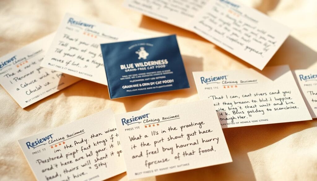 High-quality close-up shot of several customer review cards and testimonials for Blue Wilderness grain-free dry cat food, arranged neatly on a soft, neutral-colored background. The cards have a tactile, textured feel, with handwritten notes and ratings visible. Lighting is warm and natural, accentuating the premium, artisanal aesthetic. The composition is balanced, with the cards occupying the majority of the frame, conveying a sense of authenticity and credibility. The overall mood is one of trust, quality, and customer satisfaction. High-quality close-up shot of several customer review cards and testimonials for Blue Wilderness grain-free dry cat food, arranged neatly on a soft, neutral-colored background. The cards have a tactile, textured feel, with handwritten notes and ratings visible. Lighting is warm and natural, accentuating the premium, artisanal aesthetic. The composition is balanced, with the cards occupying the majority of the frame, conveying a sense of authenticity and credibility. The overall mood is one of trust, quality, and customer satisfaction.