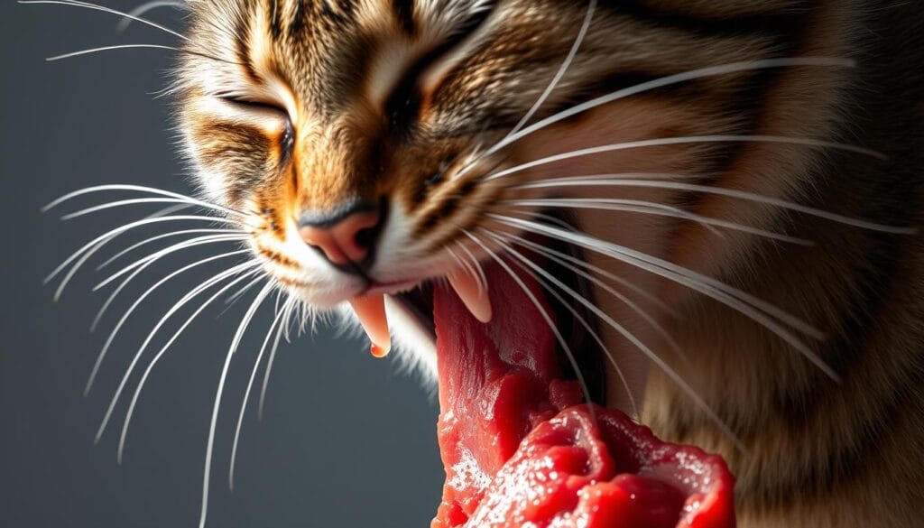 a feline carnivore feasting on a raw meat diet, close-up view of sharp teeth tearing into fresh, red meat, with droplets of blood and juices visible, surrounded by a neutral gray background, natural lighting from the side creating dramatic shadows and highlights, shot with a high-quality DSLR camera lens, conveying the primal, predatory nature of a cat's essential nutritional needs a feline carnivore feasting on a raw meat diet, close-up view of sharp teeth tearing into fresh, red meat, with droplets of blood and juices visible, surrounded by a neutral gray background, natural lighting from the side creating dramatic shadows and highlights, shot with a high-quality DSLR camera lens, conveying the primal, predatory nature of a cat's essential nutritional needs