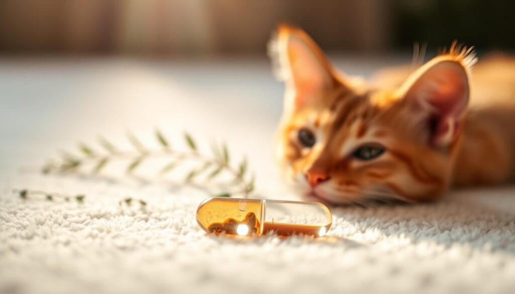 A beautifully lit close-up of a digestive aid supplement for cats, resting on a soft, plush surface. The capsule or tablet is in the foreground, glistening under warm, diffused lighting, showcasing its vibrant, natural colors. In the middle ground, a few scattered green herbs or leaves provide a soothing, organic accent. The background is blurred, creating a sense of calm and focus on the main subject. The overall composition and lighting evoke a sense of health, wellness, and natural remedies, suitable for illustrating the benefits of a small amount of rice in a cat's diet. A beautifully lit close-up of a digestive aid supplement for cats, resting on a soft, plush surface. The capsule or tablet is in the foreground, glistening under warm, diffused lighting, showcasing its vibrant, natural colors. In the middle ground, a few scattered green herbs or leaves provide a soothing, organic accent. The background is blurred, creating a sense of calm and focus on the main subject. The overall composition and lighting evoke a sense of health, wellness, and natural remedies, suitable for illustrating the benefits of a small amount of rice in a cat's diet.