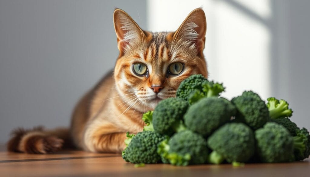 A close-up of a concerned-looking cat sitting next to a pile of broccoli florets, the cat's eyes widened with caution. The broccoli is slightly wilted, casting a subtle shadow across the tabletop. Soft, natural lighting illuminates the scene, creating a sense of tranquility, yet the cat's expression hints at the potential risks of consuming the leafy green vegetable. The composition is balanced, with the cat positioned slightly off-center, allowing the broccoli to take center stage. The overall mood is one of cautious awareness, highlighting the need for pet owners to understand the potential dangers of feeding certain human foods to their feline companions. A close-up of a concerned-looking cat sitting next to a pile of broccoli florets, the cat's eyes widened with caution. The broccoli is slightly wilted, casting a subtle shadow across the tabletop. Soft, natural lighting illuminates the scene, creating a sense of tranquility, yet the cat's expression hints at the potential risks of consuming the leafy green vegetable. The composition is balanced, with the cat positioned slightly off-center, allowing the broccoli to take center stage. The overall mood is one of cautious awareness, highlighting the need for pet owners to understand the potential dangers of feeding certain human foods to their feline companions.