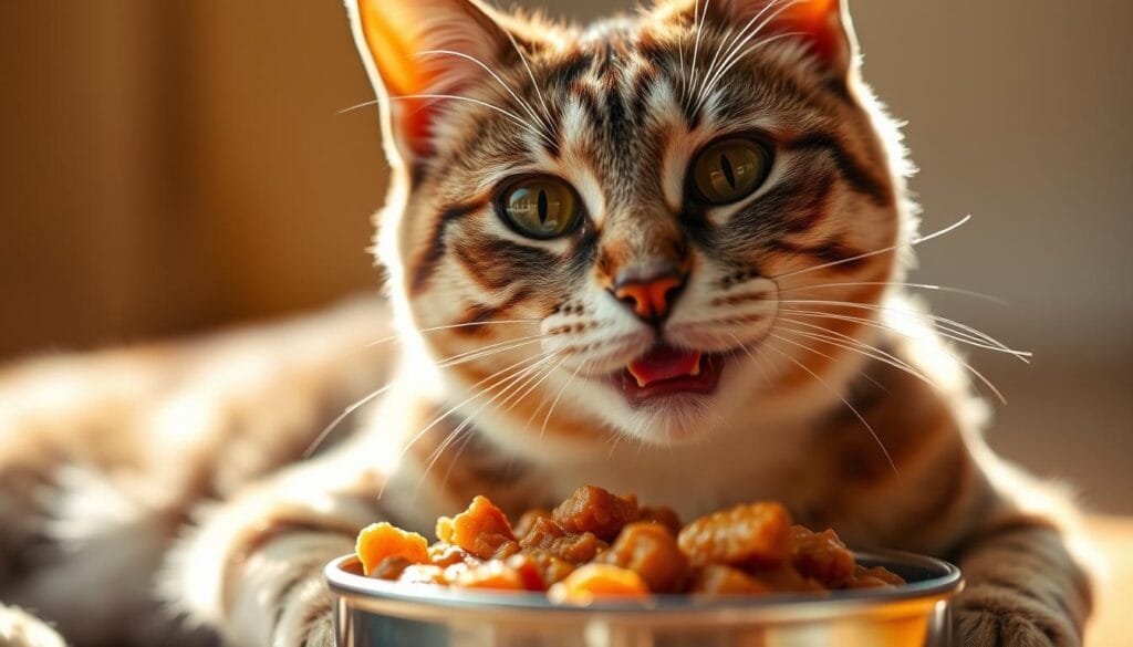 A close-up photograph of a happy, healthy cat enjoying a meal of wet cat food. The cat is sitting upright, its eyes bright and attentive, as it eagerly laps up the savory, moisture-rich canned food. The scene is bathed in warm, natural lighting that casts a soft, golden glow, highlighting the cat's sleek fur and the appetizing texture of the food. The background is slightly blurred, drawing the viewer's focus to the cat and its meal, emphasizing the nourishing and satisfying nature of the wet food. The overall mood is one of contentment and well-being, conveying the benefits of a wet food diet for a cat's health and vitality. A close-up photograph of a happy, healthy cat enjoying a meal of wet cat food. The cat is sitting upright, its eyes bright and attentive, as it eagerly laps up the savory, moisture-rich canned food. The scene is bathed in warm, natural lighting that casts a soft, golden glow, highlighting the cat's sleek fur and the appetizing texture of the food. The background is slightly blurred, drawing the viewer's focus to the cat and its meal, emphasizing the nourishing and satisfying nature of the wet food. The overall mood is one of contentment and well-being, conveying the benefits of a wet food diet for a cat's health and vitality.