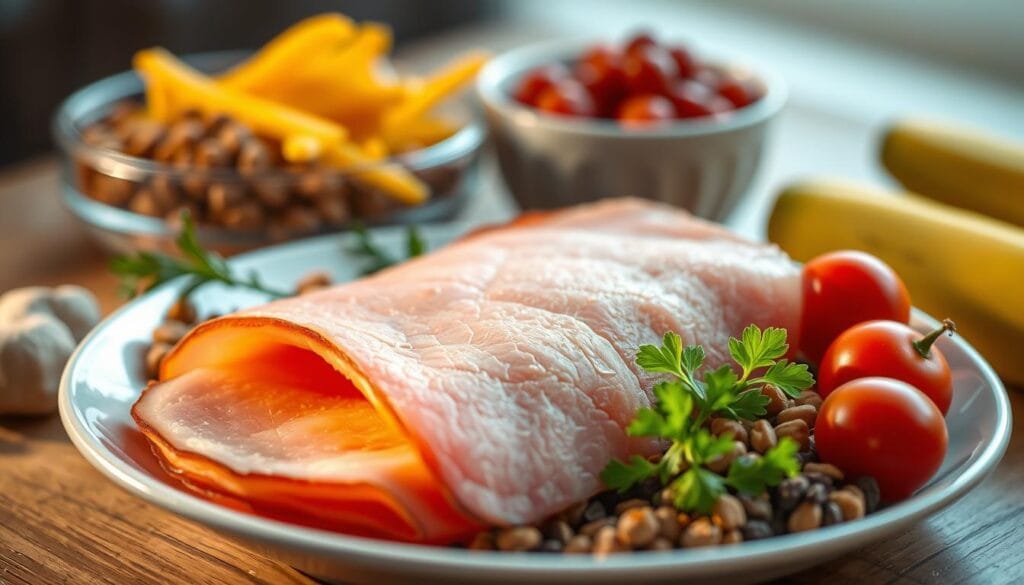 A close-up shot of a plate featuring a delicious slice of ham, surrounded by an assortment of nutritious cat food and healthy ingredients. The ham is positioned in the center, casting a warm, golden glow under soft, diffused lighting. The background is blurred, creating a sense of depth and focus on the main subject. The composition is balanced, with the cat food items arranged in a visually appealing manner around the ham, highlighting the potential nutritional benefits and risks of feeding this human food to felines. The overall mood is one of informative, appetizing, and visually striking presentation, suitable for an educational article on the topic. A close-up shot of a plate featuring a delicious slice of ham, surrounded by an assortment of nutritious cat food and healthy ingredients. The ham is positioned in the center, casting a warm, golden glow under soft, diffused lighting. The background is blurred, creating a sense of depth and focus on the main subject. The composition is balanced, with the cat food items arranged in a visually appealing manner around the ham, highlighting the potential nutritional benefits and risks of feeding this human food to felines. The overall mood is one of informative, appetizing, and visually striking presentation, suitable for an educational article on the topic.