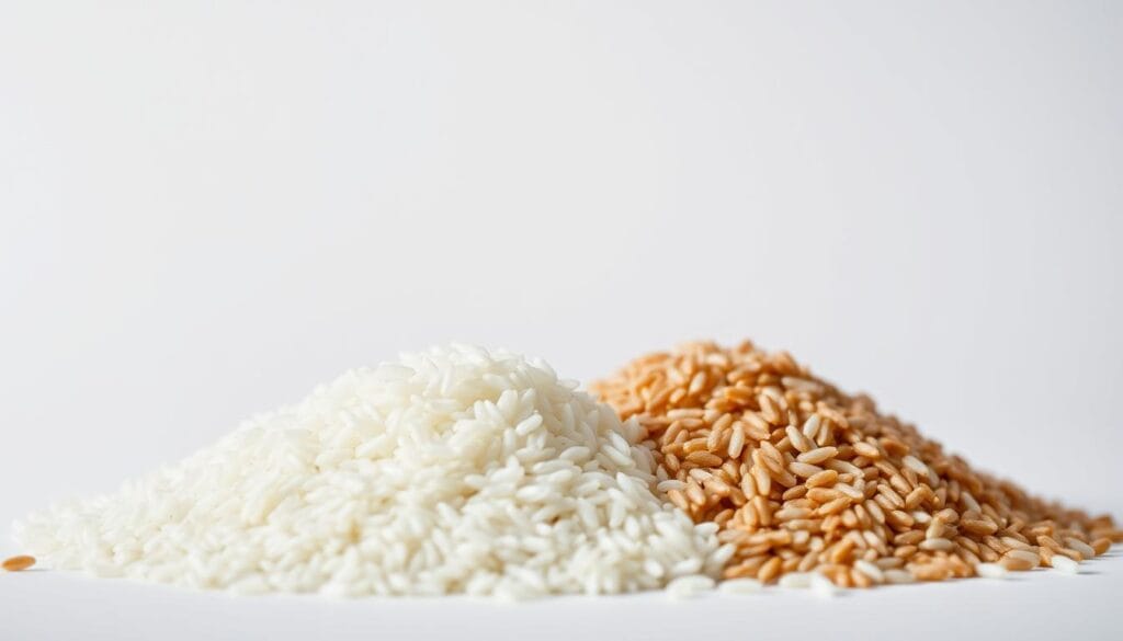 A close-up shot of two piles of rice, one white and one brown, against a clean, minimalist background. The lighting is soft and diffuse, highlighting the subtle differences in texture and color between the two rice varieties. The focus is sharp and the depth of field is shallow, drawing the viewer's attention to the key details of the grains. The overall mood is serene and contemplative, inviting the viewer to compare and contrast the two types of rice. The image should convey a sense of simplicity and clarity, making it an effective visual accompaniment to the article's section on the suitability of white and brown rice for cats. A close-up shot of two piles of rice, one white and one brown, against a clean, minimalist background. The lighting is soft and diffuse, highlighting the subtle differences in texture and color between the two rice varieties. The focus is sharp and the depth of field is shallow, drawing the viewer's attention to the key details of the grains. The overall mood is serene and contemplative, inviting the viewer to compare and contrast the two types of rice. The image should convey a sense of simplicity and clarity, making it an effective visual accompaniment to the article's section on the suitability of white and brown rice for cats.