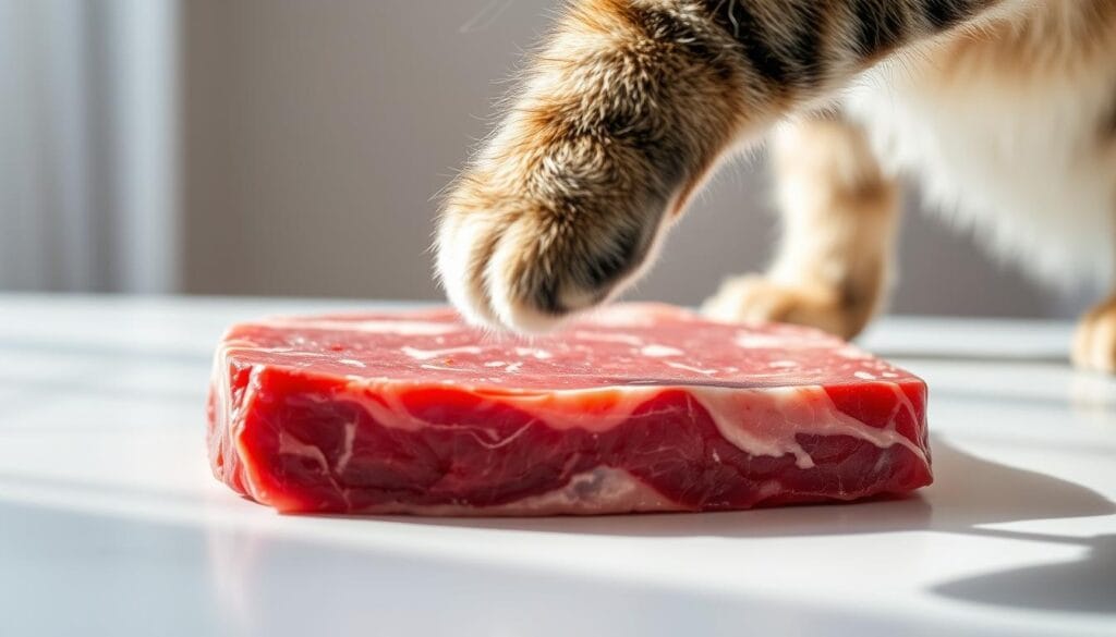 A closeup shot of a slab of raw beef on a clean, white surface, bathed in soft, natural lighting that highlights the vibrant red hue and marbled texture of the meat. In the foreground, a curious feline paw reaches towards the beef, showcasing the contrast between the delicate paw and the rugged, uncooked protein. The background is subtly blurred, drawing the viewer's attention to the central interaction between the cat and the raw meat, emphasizing the theme of whether cats can safely consume this type of food. A closeup shot of a slab of raw beef on a clean, white surface, bathed in soft, natural lighting that highlights the vibrant red hue and marbled texture of the meat. In the foreground, a curious feline paw reaches towards the beef, showcasing the contrast between the delicate paw and the rugged, uncooked protein. The background is subtly blurred, drawing the viewer's attention to the central interaction between the cat and the raw meat, emphasizing the theme of whether cats can safely consume this type of food.